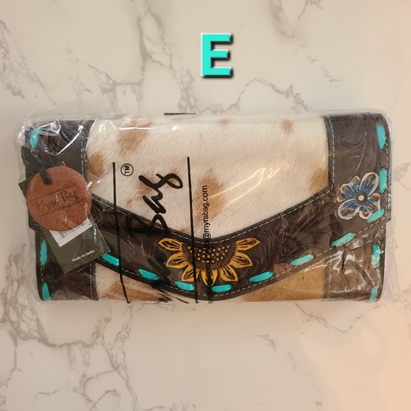 New! Myra Bag Cowhide Hand Tooled Leather Sunflower Turquoise Buckstitch… - Picture 7 of 8